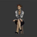 Woman Sitting On Wooden Chair Wearing Gray Sweater And Black Skirt With Hat