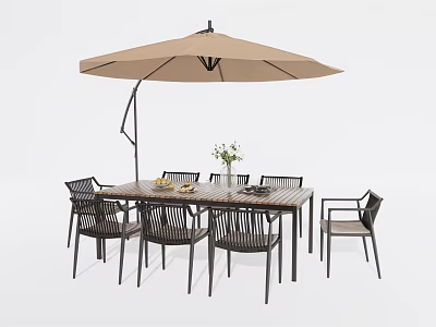 Outdoor Dining Table and Chairs Set With Beige Umbrella Vase and Fruits on Wooden Surface 3d model