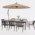 Outdoor Dining Table and Chairs Set With Beige Umbrella Vase and Fruits on Wooden Surface