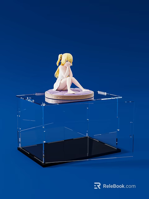Doll Figure Sitting with Blonde Twin Tails on Purple Base in Clear Acrylic Display Case 3d model 