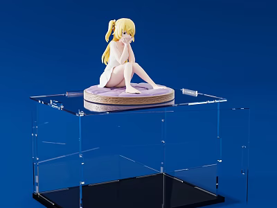 Doll Figure Sitting with Blonde Twin Tails on Purple Base in Clear Acrylic Display Case 3d model