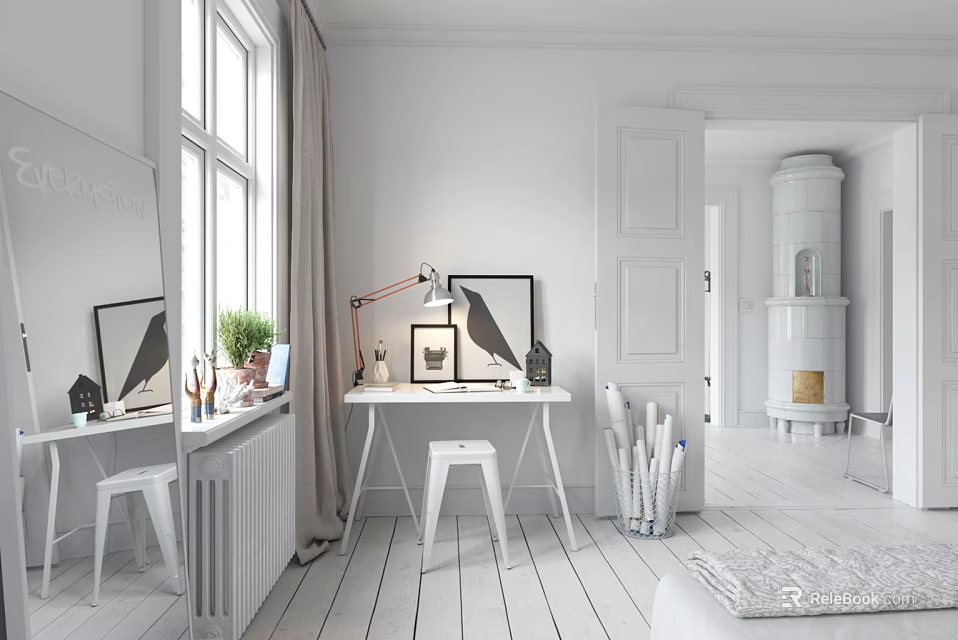 Modern White Desk Interior With Desk Lamp Potted Plant Framed Artwork And Natural Light 3d model 