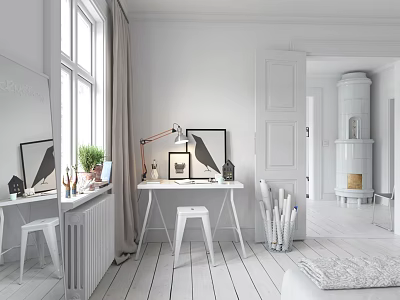 Modern White Desk Interior With Desk Lamp Potted Plant Framed Artwork And Natural Light 3d model