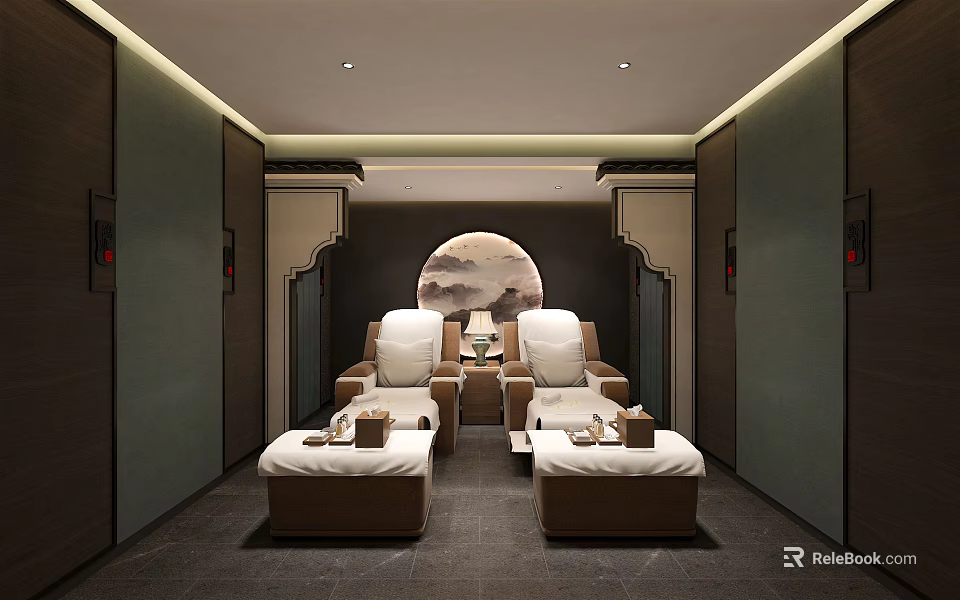 Modern SPA Sauna Interior With Comfortable Massage Chairs Side Tables And Circular Decor 3d model 