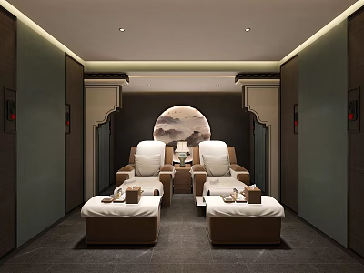 Modern SPA Sauna Interior With Comfortable Massage Chairs Side Tables And Circular Decor 3d model