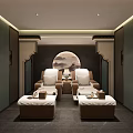 Modern SPA Sauna Interior With Comfortable Massage Chairs Side Tables And Circular Decor