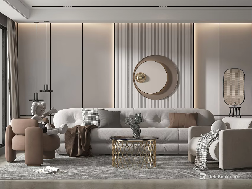 Modern Minimalist Living Room Interior With Sofa Armchair Circular Mirror And Decorative Rug 3d model 