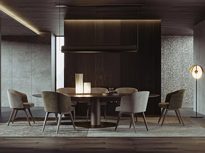Modern Restaurant Interior Design With Round Dining Table Upholstered Chairs And Pendant Light 3d model