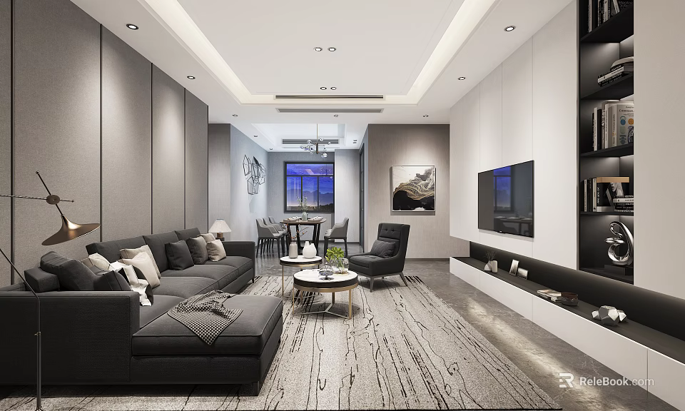 Modern Living Room Interior With Gray Sofa Coffee Table TV Rug And Wall Art 3d model 