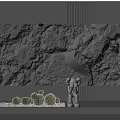 Rocky Textured Background Wall In Golden Gray Tones With White Sculpture And Cactus Decorations