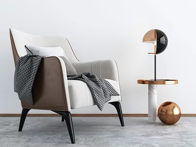 Modern Single Sofa With Plaid Blanket Black Copper Lamp Marble Base And Gold Sphere Decor 3d model