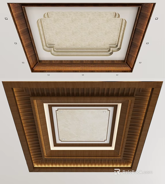 Wooden Layered Ceiling Design With Light Colored Panel And Decorative Frames 3d model