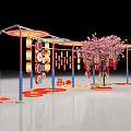 Traditional Interactive Zone With Red Lanterns Circular Decorations And Pink Cherry Blossom Tree 3d model