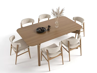 Wooden Rectangular Dining Table With Six Light Colored Cushioned Chairs And Vase With Dried Grass 3d model