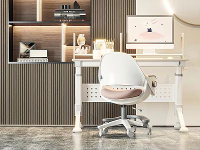 Modern Home Office White Desk Chair Set With Bookshelf And Computer Monitor 3d model