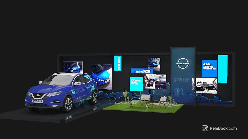 Modern Car Exhibition Booth With Blue Nissan Vehicle And Digital Screens 3d model 
