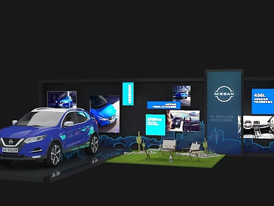 Modern Car Exhibition Booth With Blue Nissan Vehicle And Digital Screens 3d model