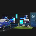 Modern Car Exhibition Booth With Blue Nissan Vehicle And Digital Screens