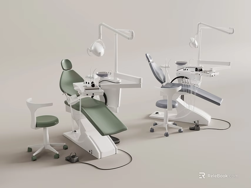 Modern Dental Medical Equipment Featuring Treatment Chairs Lamps and Instrument Tables 3d model 
