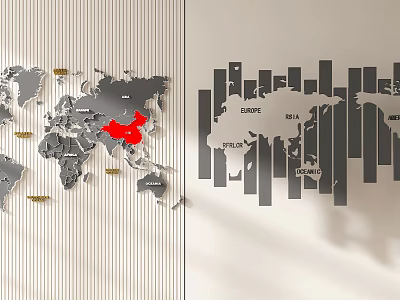 World Map Wall Decor with Red China Mark and Striped Design Featuring Continent Labels 3d model