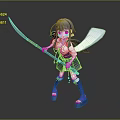 Purple Haired Anime Character With Scythe Shield And Angelic Wings In Blue Outfit