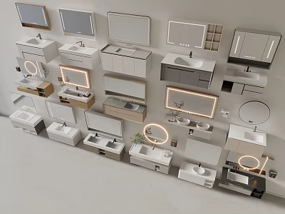 Modern Bathroom Vanities Collection Displaying Various Designs Mirrors Cabinets And Lighting 3d model