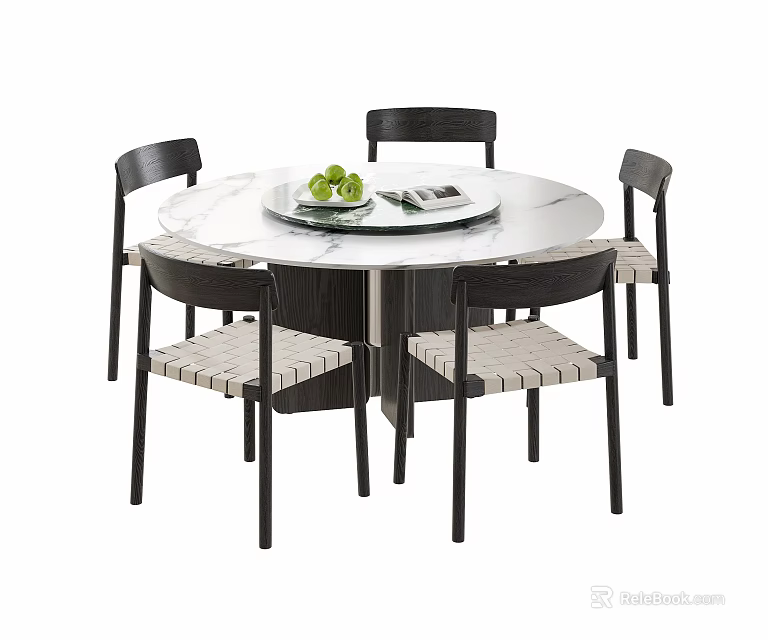 Modern Minimalist White Marble Round Dining Table Set With Six Woven Seat Dining Chairs 3d model 