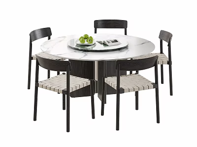 Modern Minimalist White Marble Round Dining Table Set With Six Woven Seat Dining Chairs 3d model