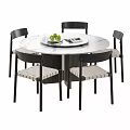 Modern Minimalist White Marble Round Dining Table Set With Six Woven Seat Dining Chairs