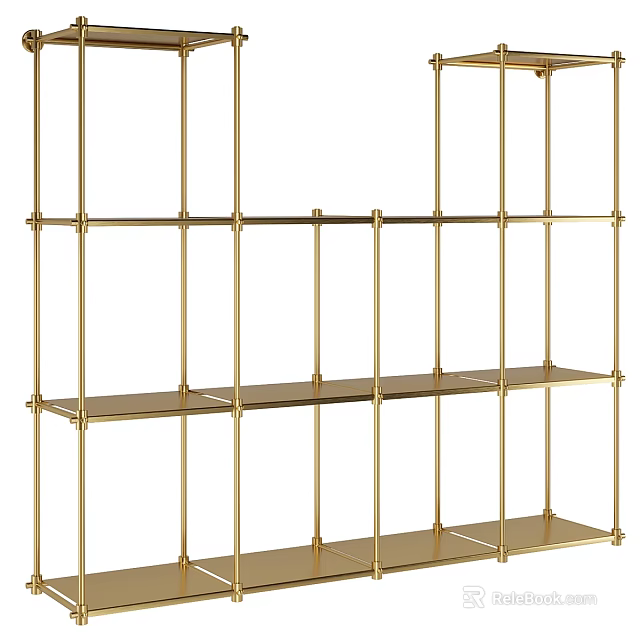 Golden Metal Frame Open Shelf Unit With Modern Multi Tier Storage Design 3d model 