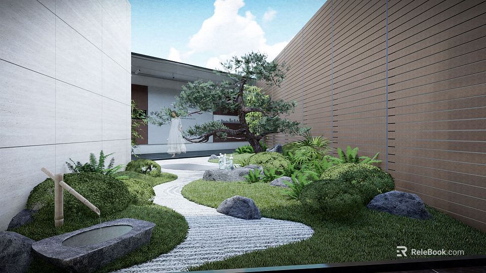 Japanese Zen Courtyard Garden With Pebble Path Pine Tree Rocks Greenery White Brown Walls 3d model 