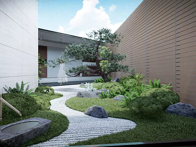 Japanese Zen Courtyard Garden With Pebble Path Pine Tree Rocks Greenery White Brown Walls 3d model