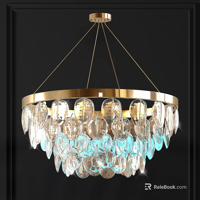 Elegant Crystal Chandelier With Gold Frame And Transparent Blue Crystal Pendants 3d model 
