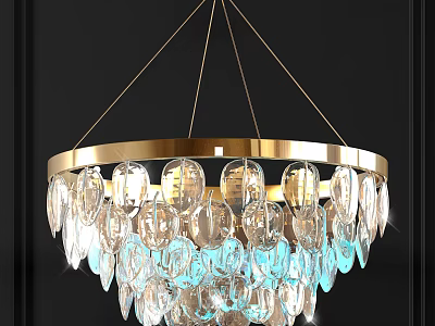 Elegant Crystal Chandelier With Gold Frame And Transparent Blue Crystal Pendants 3d model