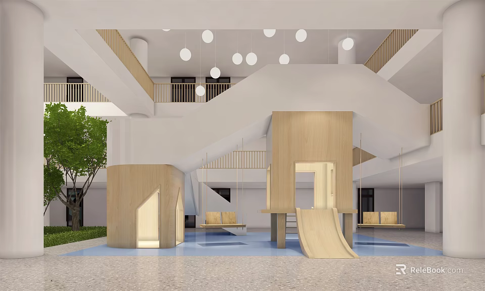 Light Color Kindergarten Interior With Two Story Wooden Structures Slide Swing And Open Space 3d model 