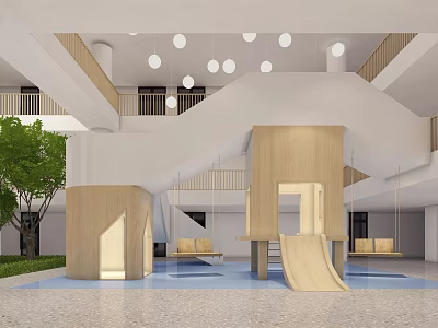 Light Color Kindergarten Interior With Two Story Wooden Structures Slide Swing And Open Space 3d model