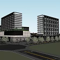 Modern High Rise Buildings With Glass Curtain Walls And Green Trees Along Road