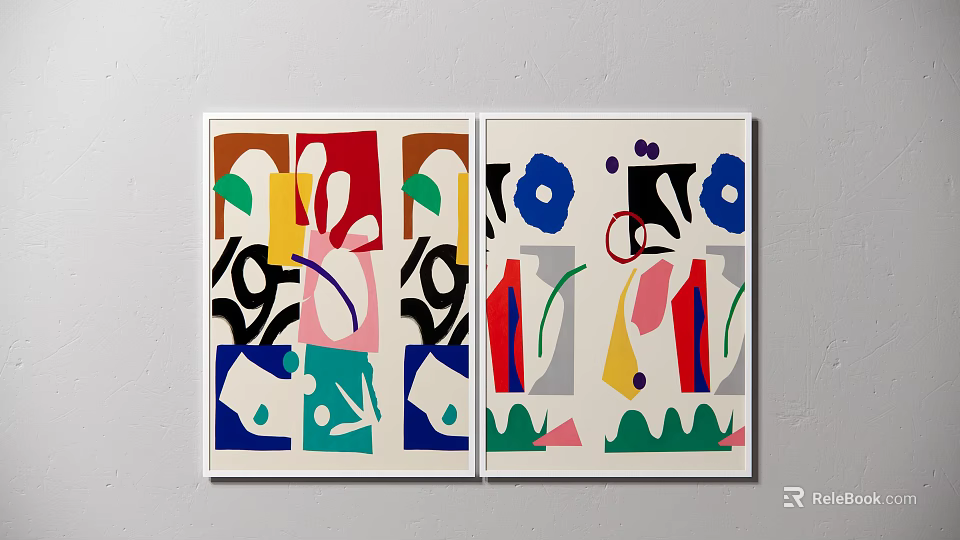 Two Abstract Art Paintings With Colorful Geometric Shapes On Wall 3d model 