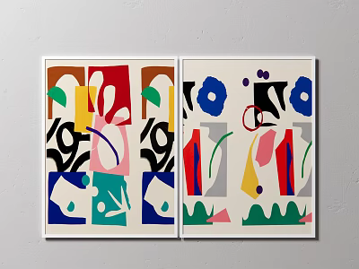 Two Abstract Art Paintings With Colorful Geometric Shapes On Wall 3d model