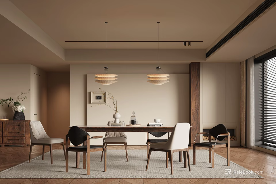 Modern Restaurant Interior With Dining Table Chairs Pendant Lights Artwork And Warm Rug 3d model 