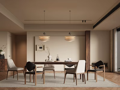 Modern Restaurant Interior With Dining Table Chairs Pendant Lights Artwork And Warm Rug 3d model