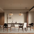 Modern Restaurant Interior With Dining Table Chairs Pendant Lights Artwork And Warm Rug