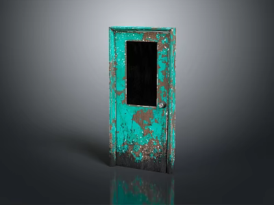 Vintage Green Rusted Door With Small Glass Window And Worn Surface Texture 3d model