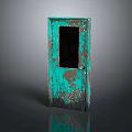 Vintage Green Rusted Door With Small Glass Window And Worn Surface Texture