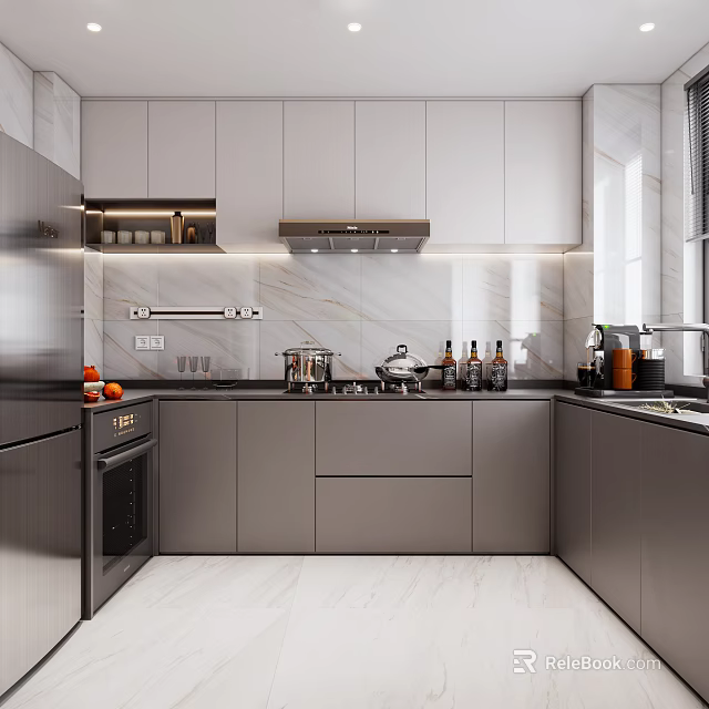 Modern Kitchen Interior Design With Gray Cabinets Marble Backsplash And Countertop Appliances 3d model