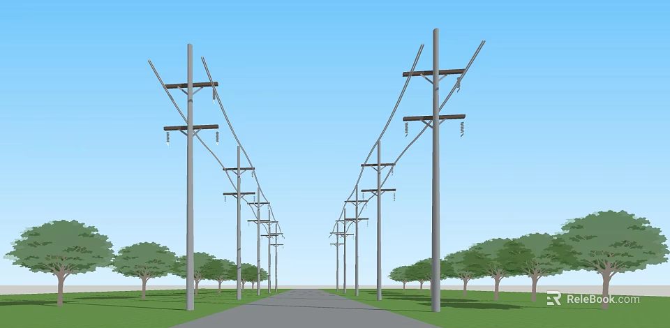 Industrial Electrical Utility Poles With Power Lines Along Road And Trees 3d model 