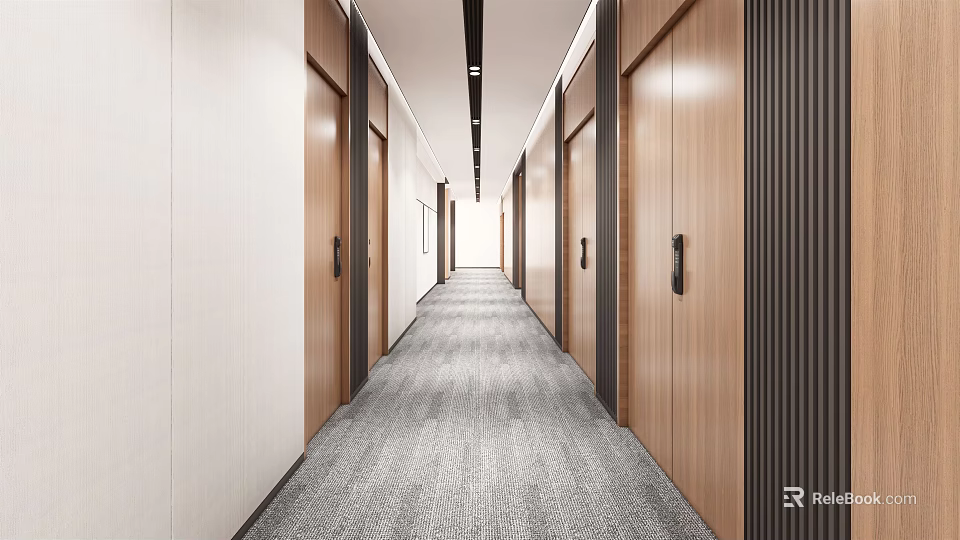 Modern Office Corridor Interior With Wooden Doors Gray Carpet And White Walls 3d model 