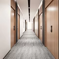 Modern Office Corridor Interior With Wooden Doors Gray Carpet And White Walls