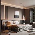 Modern Bedroom Interior With Upholstered Headboard Wall Art Pendant Lights And Green Plants