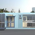 Modern Container Building With Glass Windows Interior Display Counter Wave Pattern And White Chairs